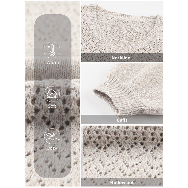 Eytino Sweaters For Women V Neck Sweater Lightweight Crochet Sweater Casual Long Sleeve Hollow Out Knit Sweater Fall Pullover Sweater Tops For Women Oversized Sweaters White M