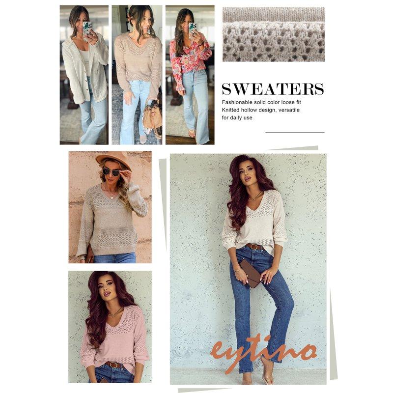 Eytino Sweaters For Women V Neck Sweater Lightweight Crochet Sweater Casual Long Sleeve Hollow Out Knit Sweater Fall Pullover Sweater Tops For Women Oversized Sweaters White M
