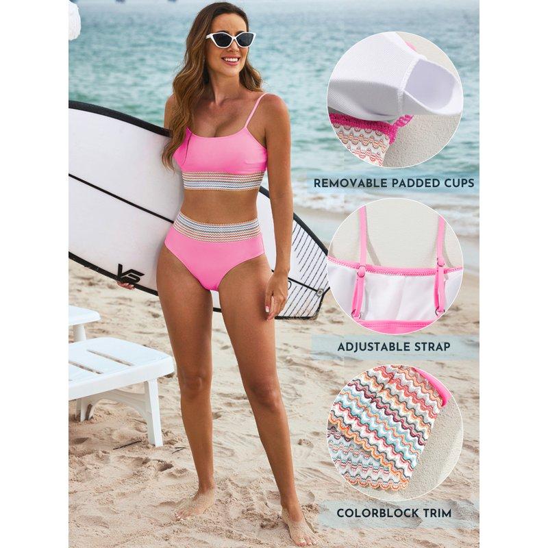 Eytino Women's Bikini Sets Colorblock Trim 2 Piece Swimsuit High Waisted Bathing Suits For Women Scoop Neck Adjustable Spaghetti Straps Bikini Swimwear Pink M