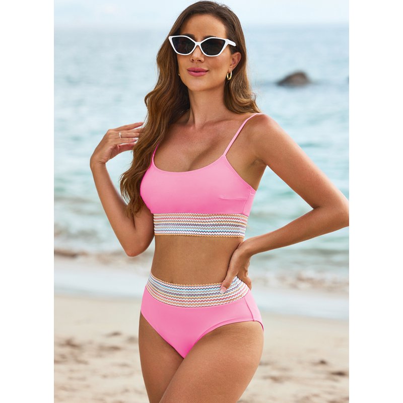 Eytino Women's Bikini Sets Colorblock Trim 2 Piece Swimsuit High Waisted Bathing Suits For Women Scoop Neck Adjustable Spaghetti Straps Bikini Swimwear Pink M