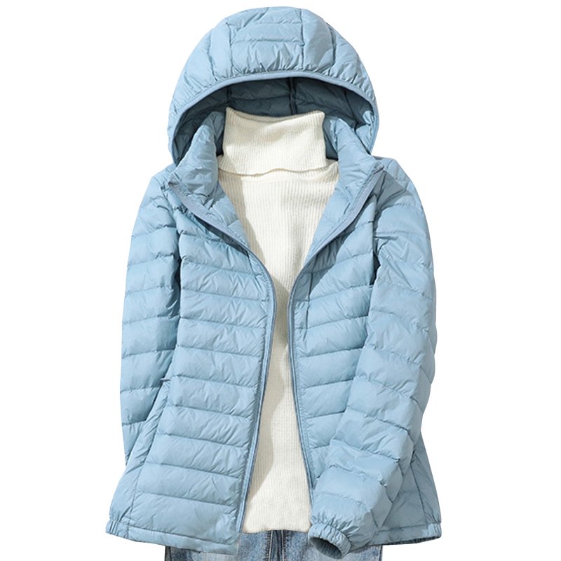 Fall Trendy Olyvenn Women's Lightweight Packable Hooded Down Jacket Stand Collar Zipper Puffer Coat Warm Winter Outwear Light Blue 10