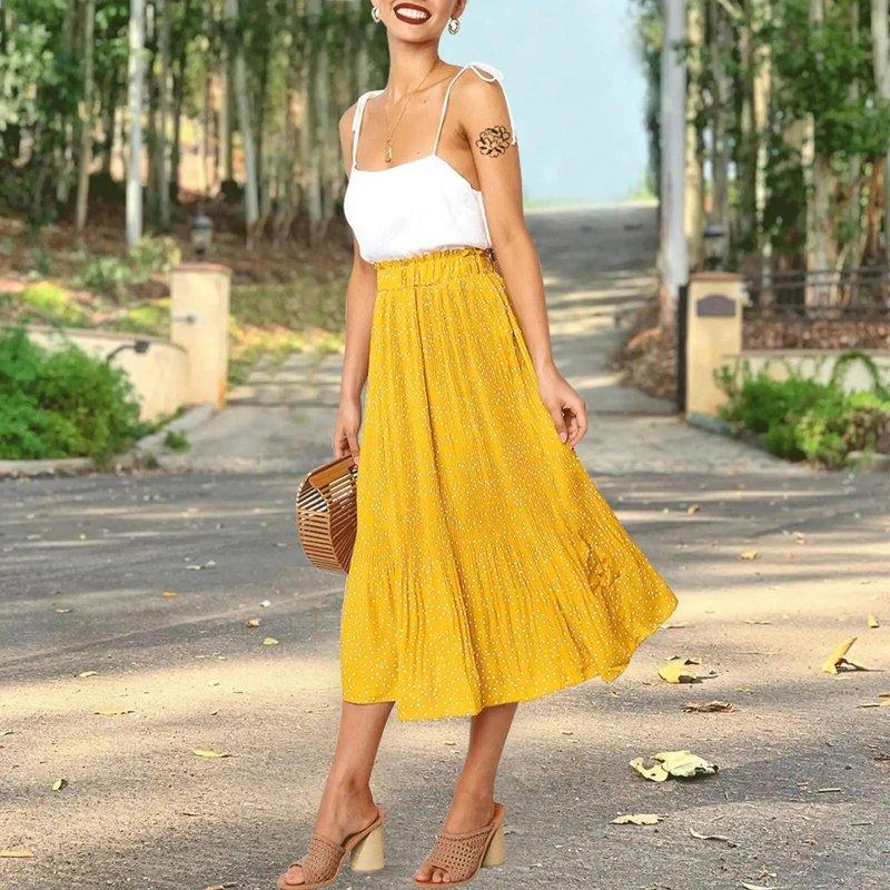 Fantaslook Midi Pleated Skirts For Women Polka Dot Swing High Waist Maxi Skirt With Pockets Dresses