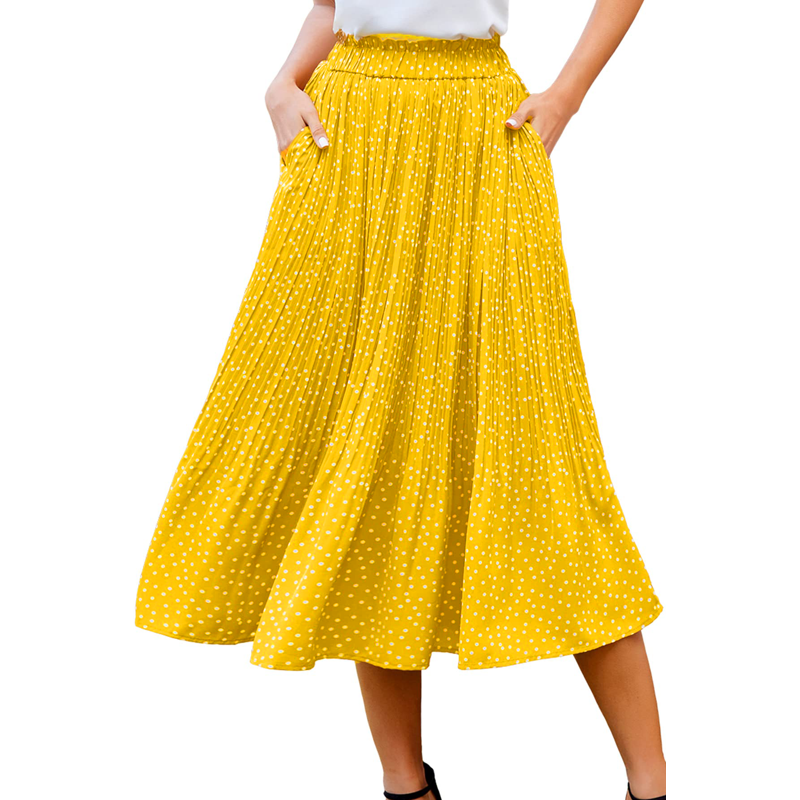 Fantaslook Midi Pleated Skirts for Women Polka Dot Swing High Waist Maxi Skirt with Pockets Dresses