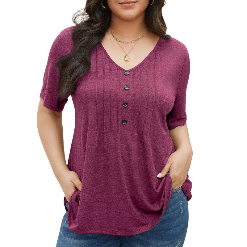 Fantaslook Plus Size Blouses For Women Pleated Button Short Sleeve Shirts Casual V Neck Tunic Tops