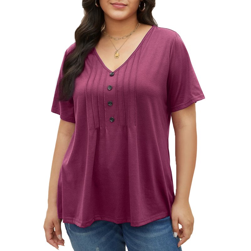 Fantaslook Plus Size Blouses For Women Pleated Button Short Sleeve Shirts Casual V Neck Tunic Tops