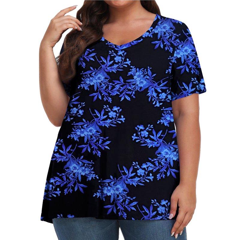 Fantaslook Plus Size Womens T Shirts V Neck Caseual Tops Short Sleeve Floral Shirts Loose Blouses