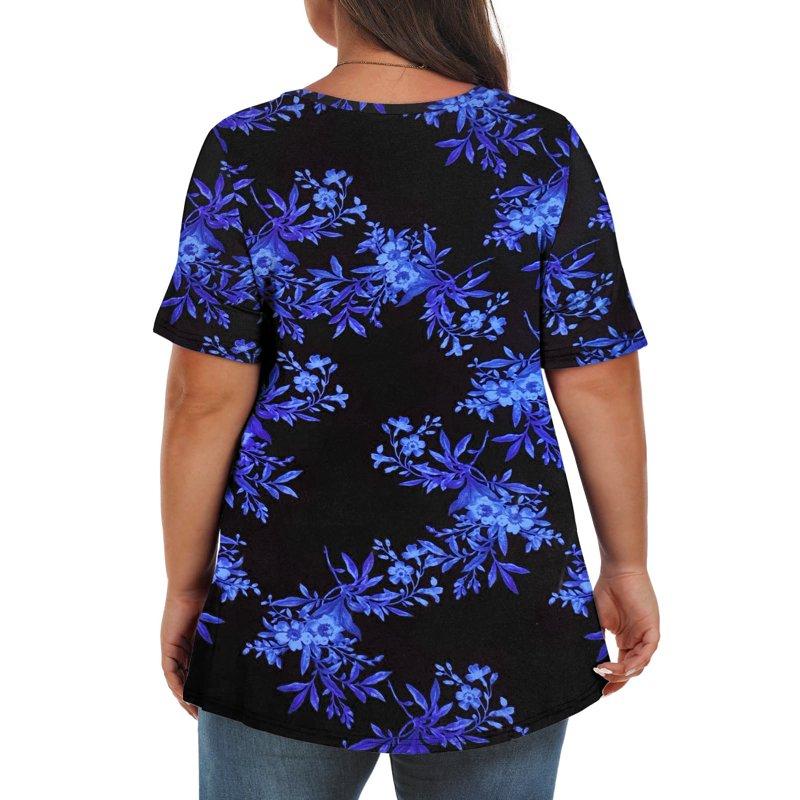 Fantaslook Plus Size Womens T Shirts V Neck Caseual Tops Short Sleeve Floral Shirts Loose Blouses