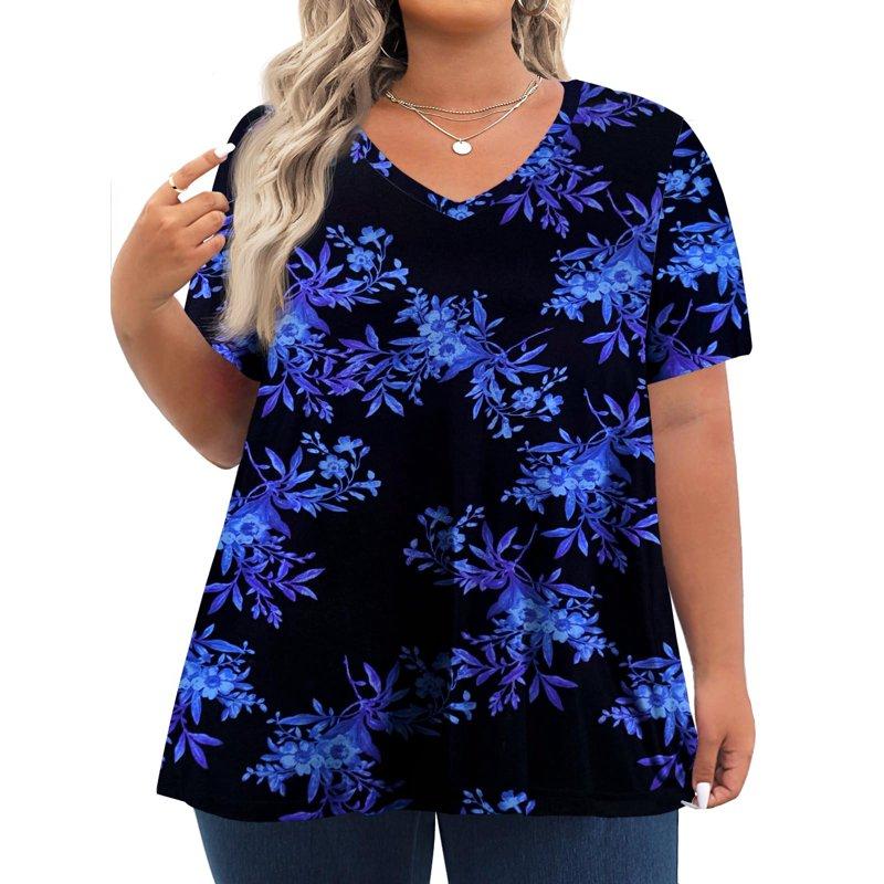 Fantaslook Plus Size Womens T Shirts V Neck Caseual Tops Short Sleeve Floral Shirts Loose Blouses