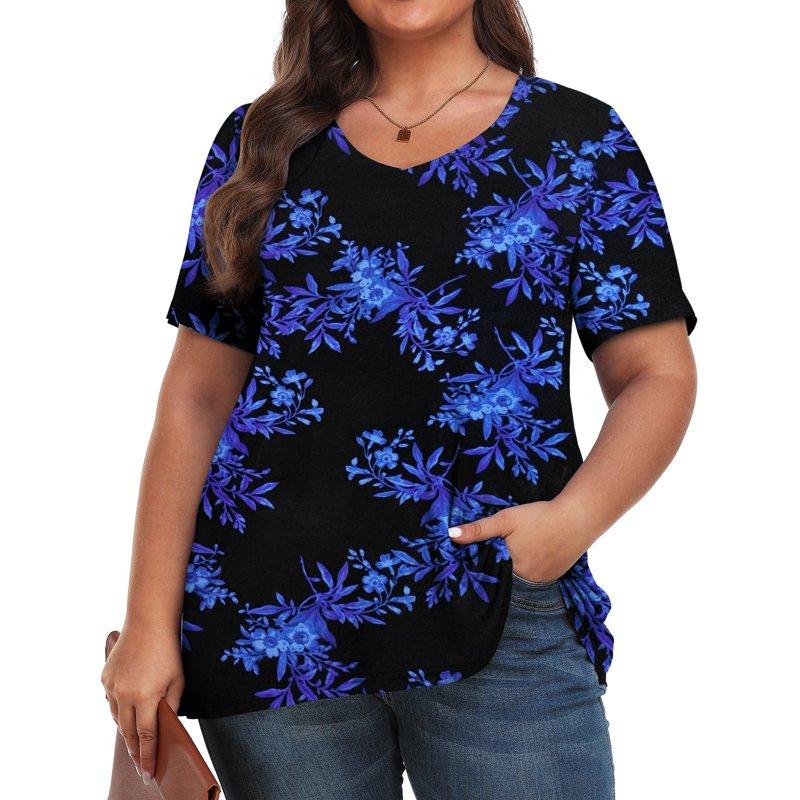Fantaslook Plus Size Womens T Shirts V Neck Caseual Tops Short Sleeve Floral Shirts Loose Blouses