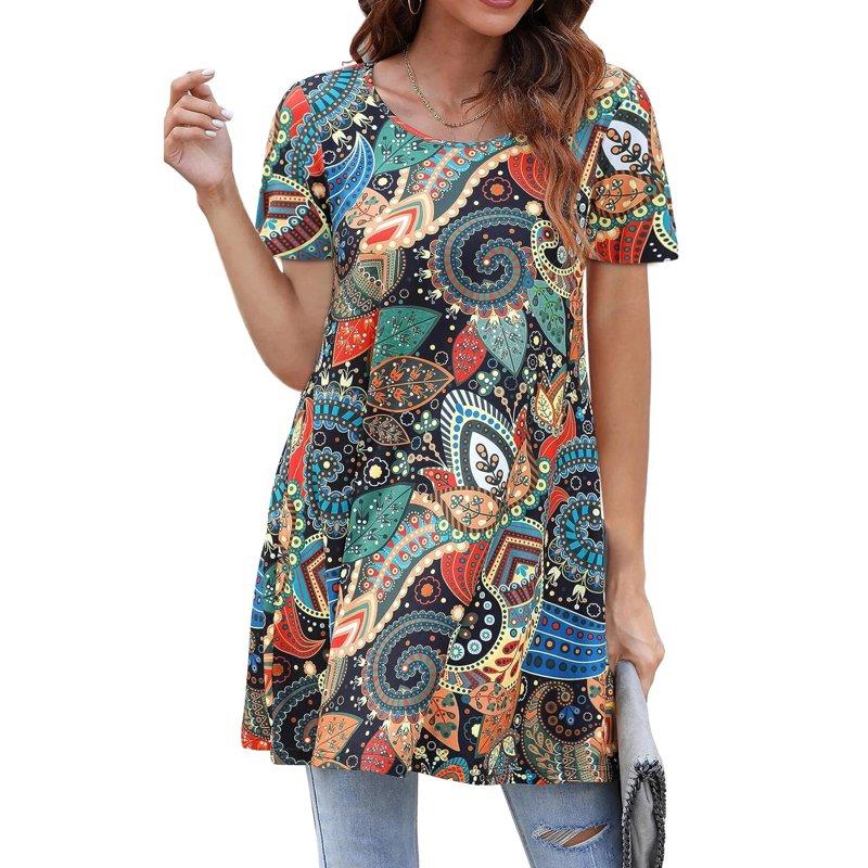Fantaslook Plus Size Womens Tunic Tops Short Sleeve Casual Floral Shirts Swing Flare Dressy Blouses
