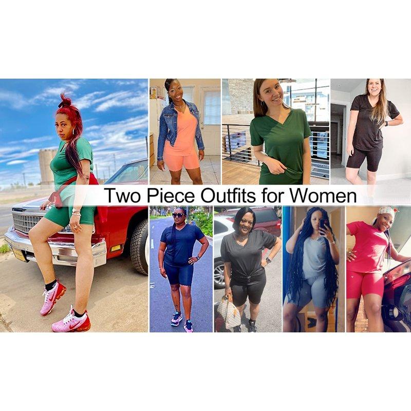 Fantaslook Two Piece Outfits For Women Short Sleeve V Neck Biker Shorts Set Tracksuit