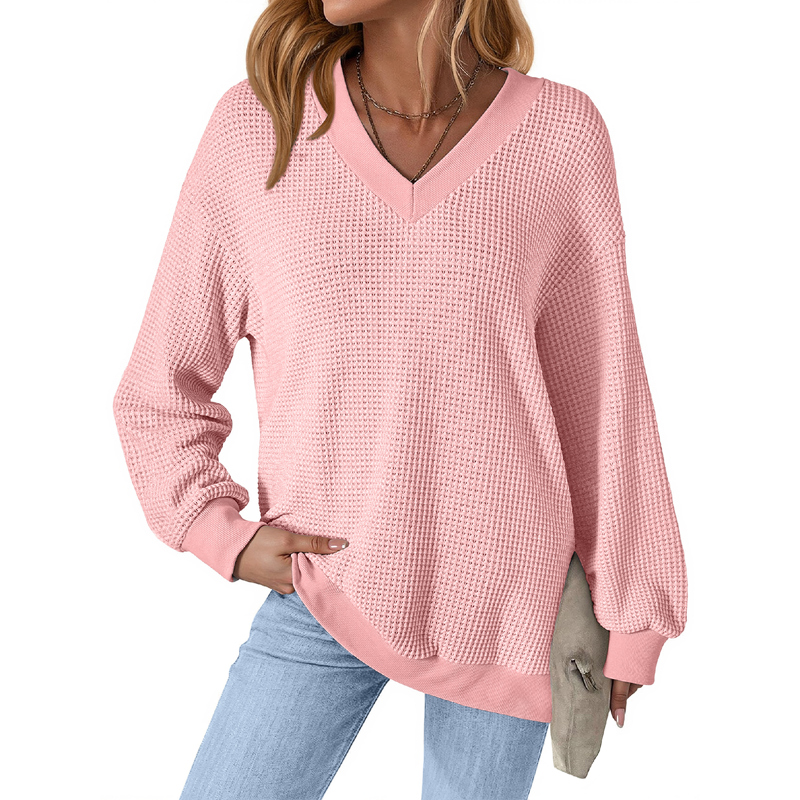 Fantaslook Waffle Knit Womens Sweatshirts Long Sleeve V Neck Shirt Loose Fall Outfits Pullover Casual Tops