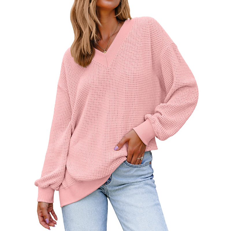 Fantaslook Waffle Knit Womens Sweatshirts Long Sleeve V Neck Shirt Loose Fall Outfits Pullover Casual Tops