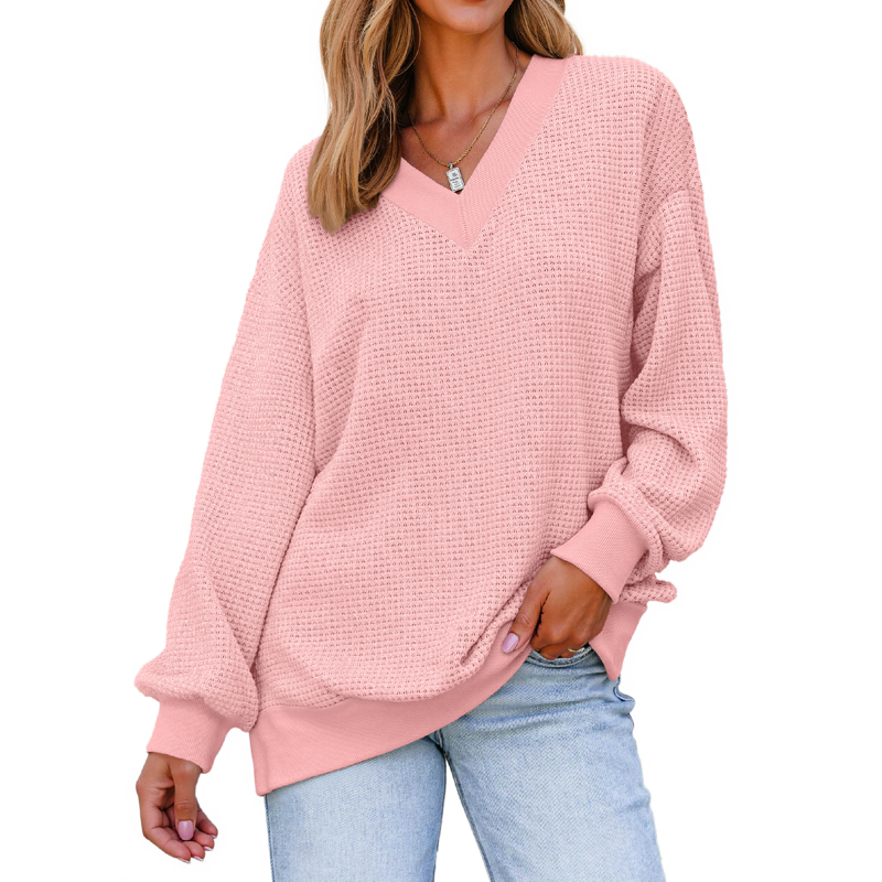 Fantaslook Waffle Knit Womens Sweatshirts Long Sleeve V Neck Shirt Loose Fall Outfits Pullover Casual Tops