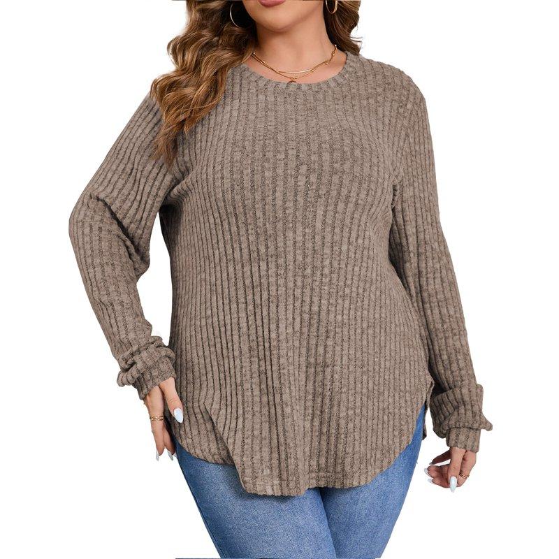Fantaslook Womens Plus Size Tops Crewneck Long Sleeve Shirts Loose Tunic Tops Curved Hem Fall Pullover