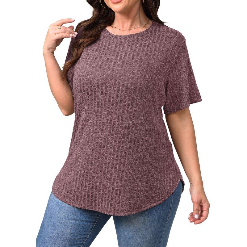 Fantaslook Womens Plus Size Tops Crewneck Short Sleeve Shirts Casual Loose Tunic Tops Curved Hem Summer Blouses