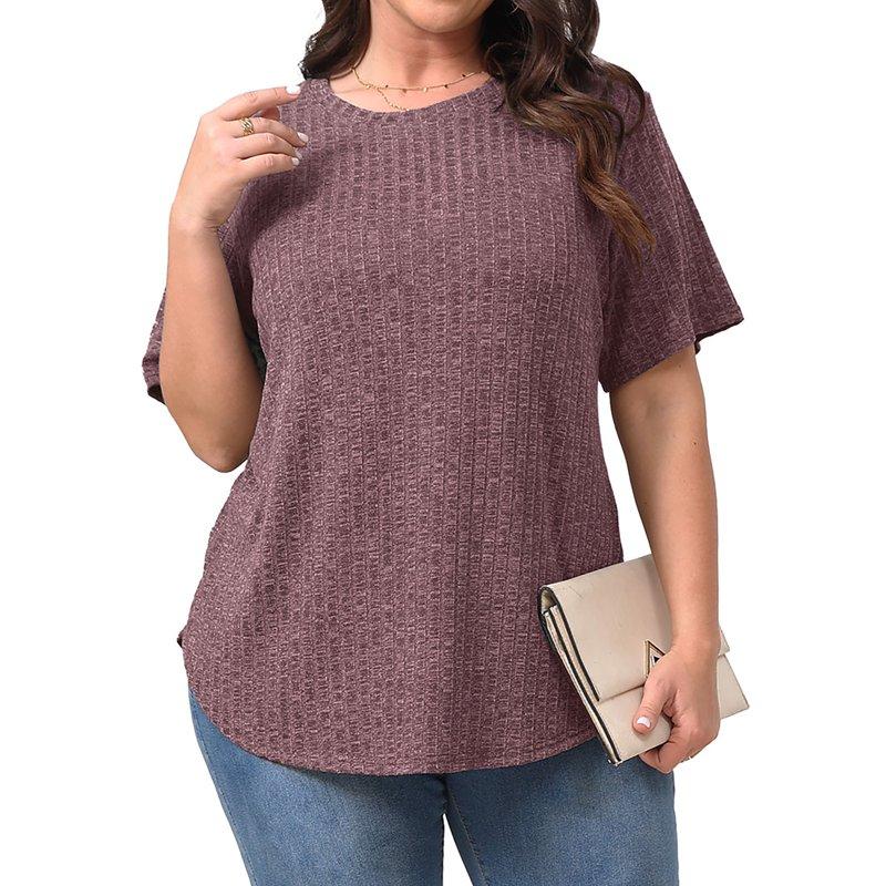 Fantaslook Womens Plus Size Tops Crewneck Short Sleeve Shirts Casual Loose Tunic Tops Curved Hem Summer Blouses