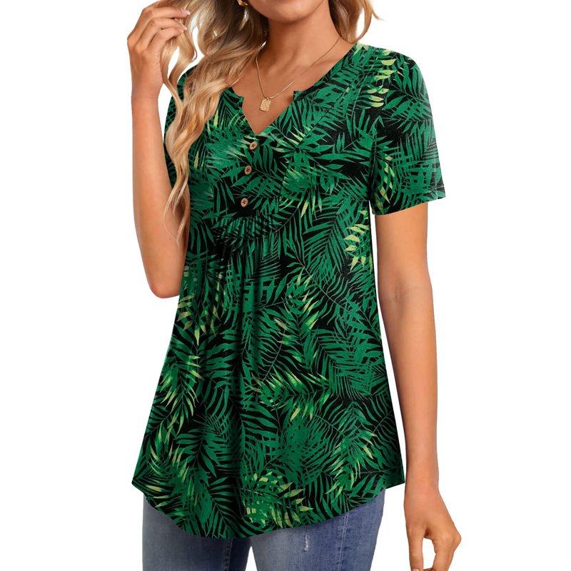 Fantaslook Womens Tunic Tops Casual Short Sleeve Shirts V Neck Button Pleated Blouses Floral Summer Tops