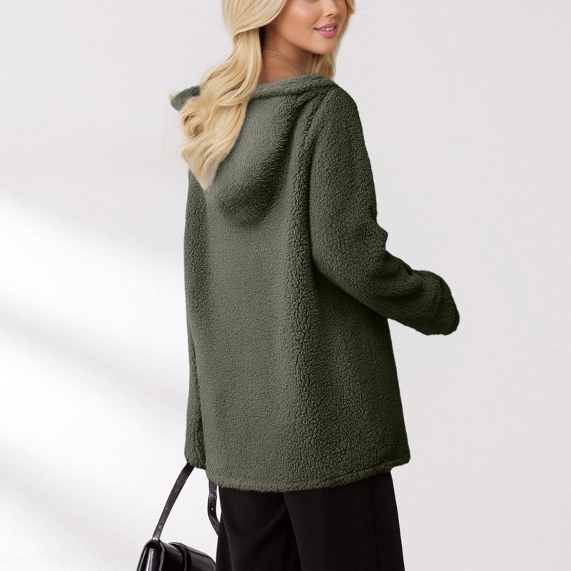FAVIPT Womens Fleece Zip Up Hoodie Fuzzy Fall Winter Warm Hooded Sweatshirt Sherpa Solid Loose Fit Jackets Casual Lounge Cozy Outerwear With Pocket Army Green L
