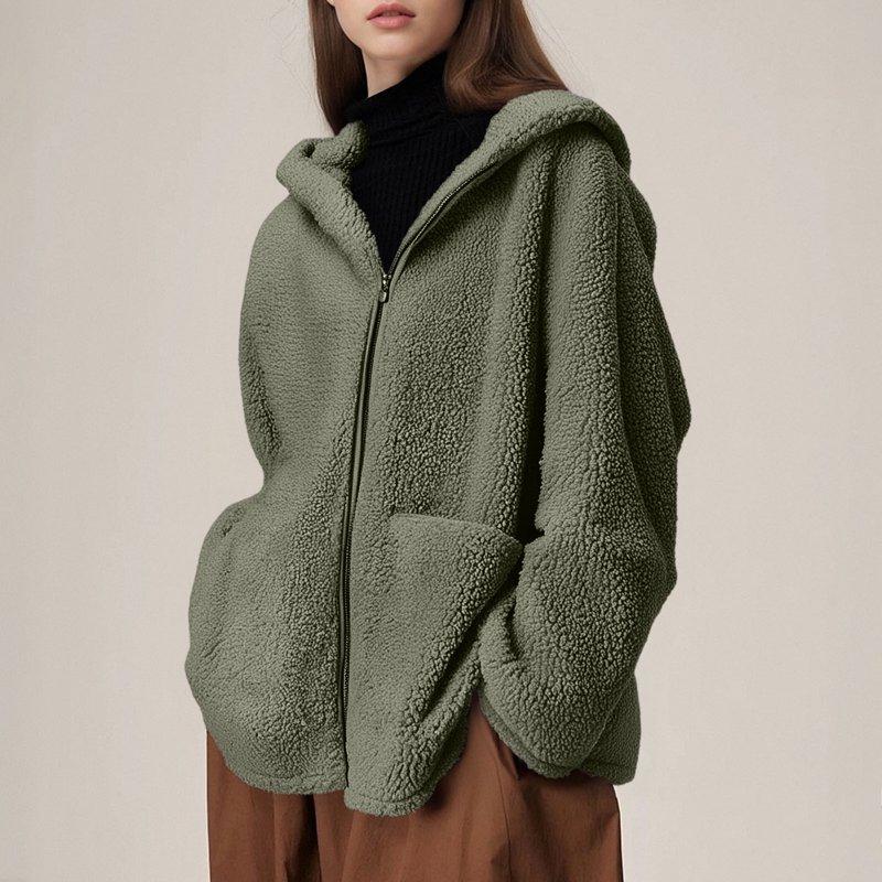 FAVIPT Womens Fleece Zip Up Hoodie Fuzzy Fall Winter Warm Hooded Sweatshirt Sherpa Solid Loose Fit Jackets Casual Lounge Cozy Outerwear With Pocket Army Green L