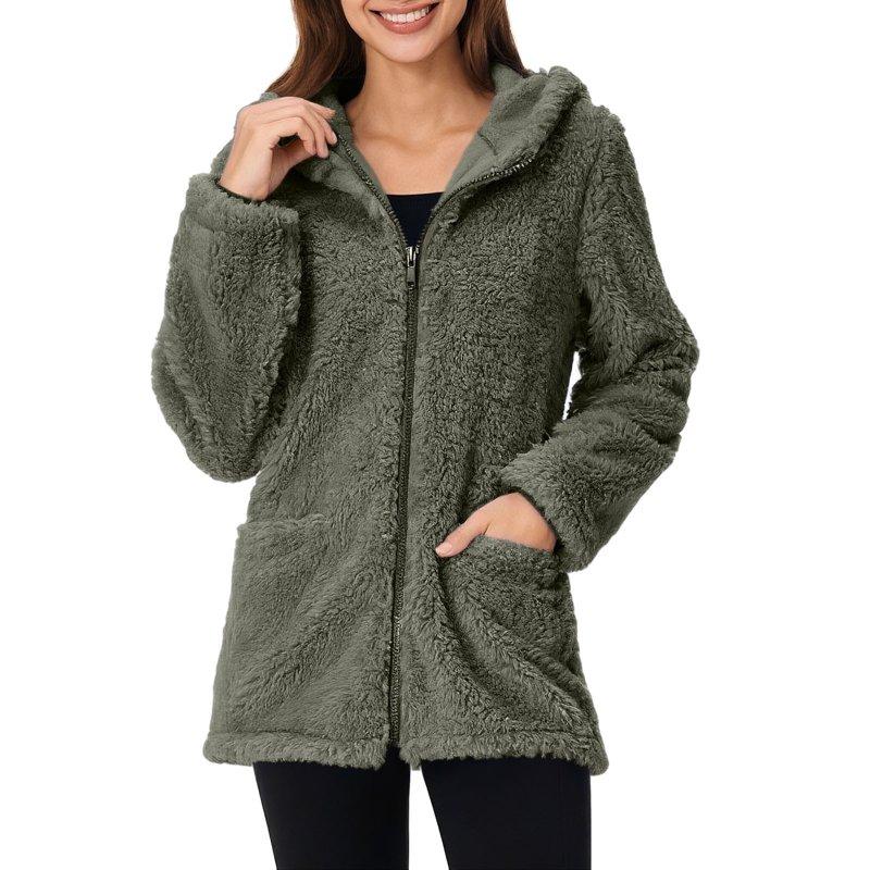 FAVIPT Womens Fleece Zip Up Hoodie Fuzzy Fall Winter Warm Hooded Sweatshirt Sherpa Solid Loose Fit Jackets Casual Lounge Cozy Outerwear with Pocket Army Green L