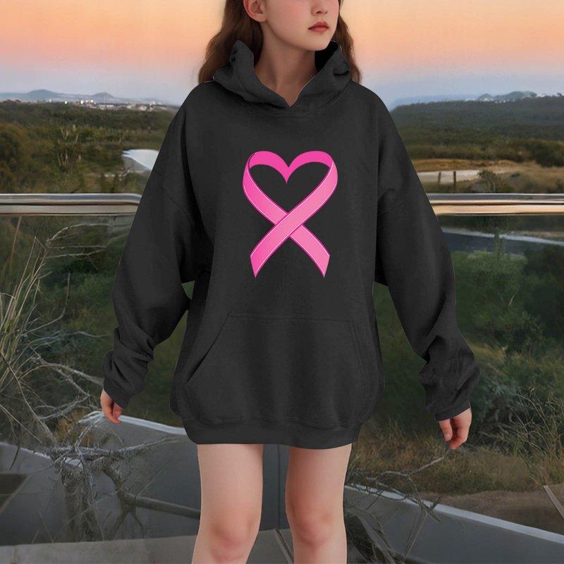 Favoffer Winter Girls Pink Breast-Cancer-Awareness Graphic Hooded Sweatshirt - Play Lounge Travel Advocacy 3-14Y