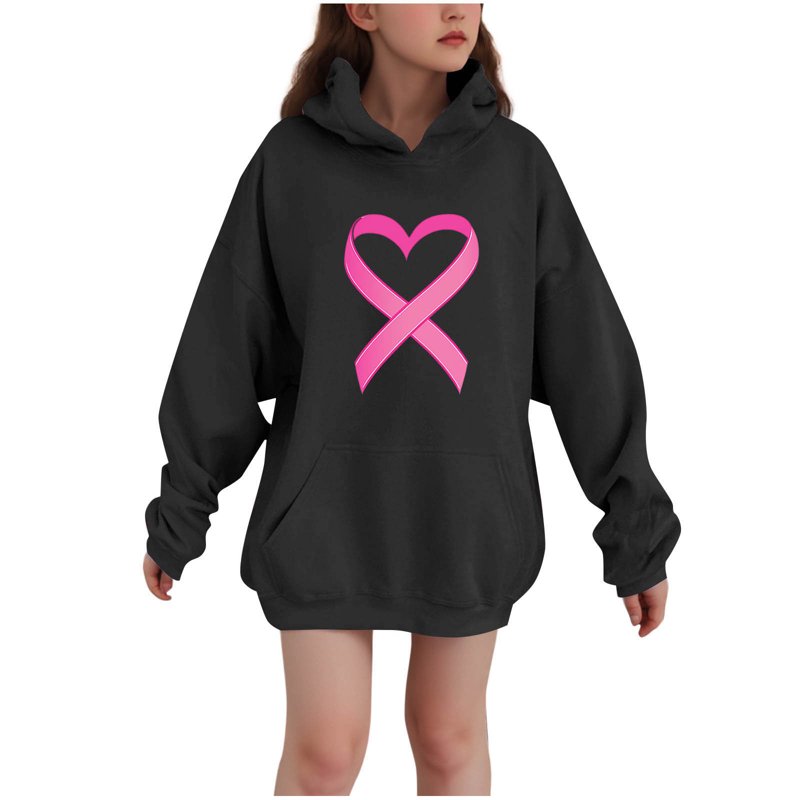 Favoffer Winter Girls Pink Breast-Cancer-Awareness Graphic Hooded Sweatshirt - Play Lounge Travel Advocacy 3-14Y