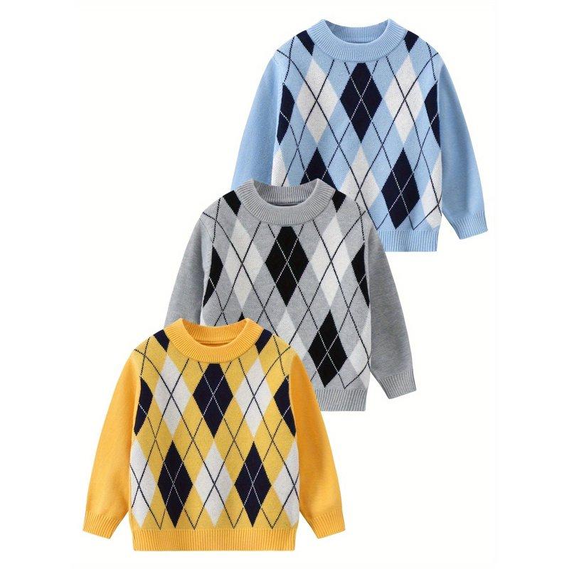 Fdqin Boys Sweater 3pcs Kids Pullover Knit Crewneck Plaid Shirt Fall Winter Boy Christmas Sweaters 13-14 Years