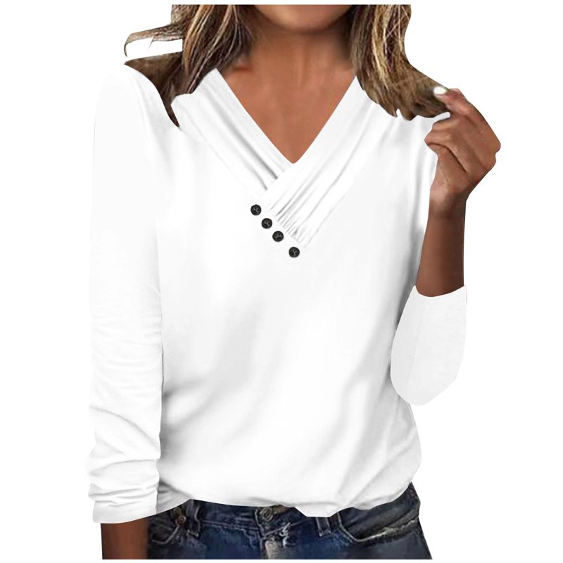 Floleo Womens Long Sleeve Shirts Fall Women's Fashion V Neck Casual Tops Button Solid Color Shirts Basic T Shirts Tees