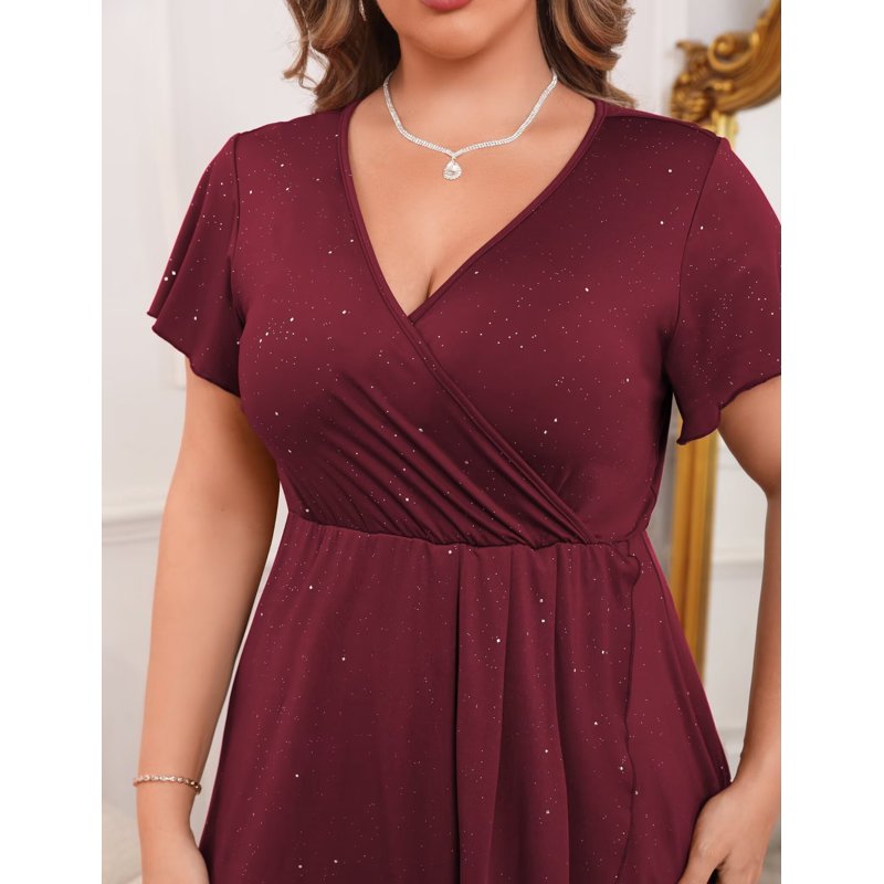FOLUNSI Plus Size Formal Dresses Glitter V Neck Split Wedding Cocktail Long Evening Dress Ruby Red 2XL