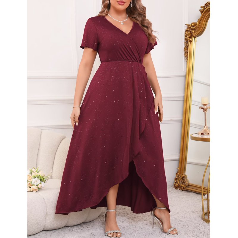 FOLUNSI Plus Size Formal Dresses Glitter V Neck Split Wedding Cocktail Long Evening Dress Ruby Red 2XL