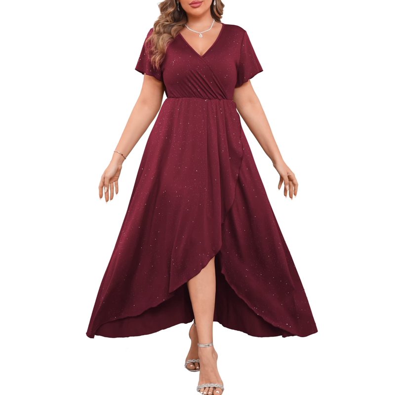 FOLUNSI Plus Size Formal Dresses Glitter V Neck Split Wedding Cocktail Long Evening Dress Ruby Red 2XL FOLUNSI Plus Size Formal Dresses Glitter V Neck Split Wedding Cocktail Long Evening Dress Ruby Red 2XL