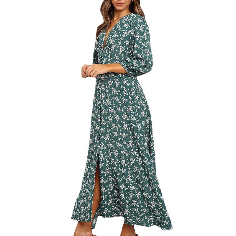 Franhais Women 3/4 Sleeve Maxi Dress Button-Down Floral Print Dress V-Neck Casual High Waist Boho Dress Long Sleeve Split Neck Pleated Midi Dress