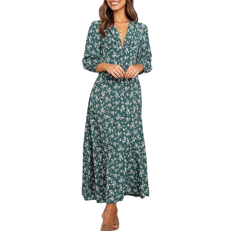 Franhais Women 3/4 Sleeve Maxi Dress Button-Down Floral Print Dress V-Neck Casual High Waist Boho Dress Long Sleeve Split Neck Pleated Midi Dress
