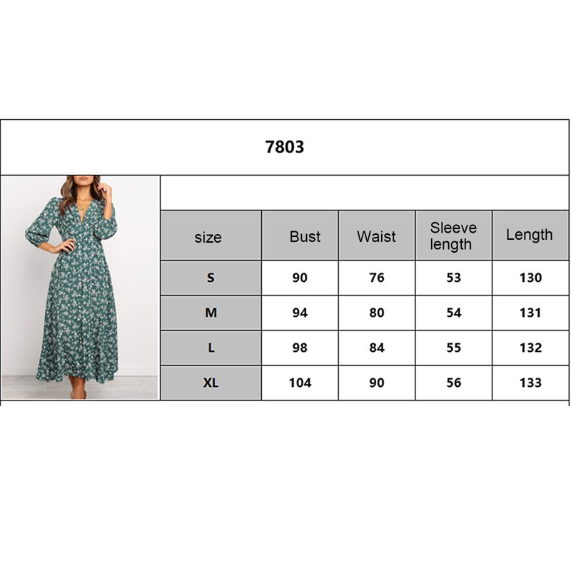 Franhais Women 3/4 Sleeve Maxi Dress Button-Down Floral Print Dress V-Neck Casual High Waist Boho Dress Long Sleeve Split Neck Pleated Midi Dress