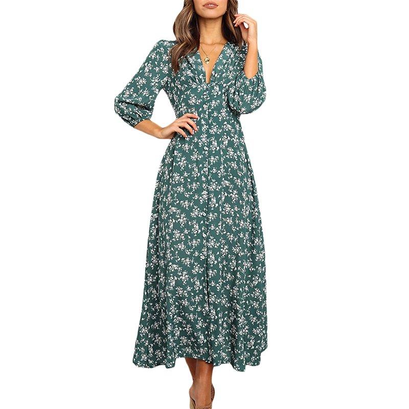 Franhais Women 3/4 Sleeve Maxi Dress Button-Down Floral Print Dress V-Neck Casual High Waist Boho Dress Long Sleeve Split Neck Pleated Midi Dress Franhais Women 3/4 Sleeve Maxi Dress Button-Down Floral Print Dress V-Neck Casual High Waist Boho Dress Long Sleeve Split Neck Pleated Midi Dress