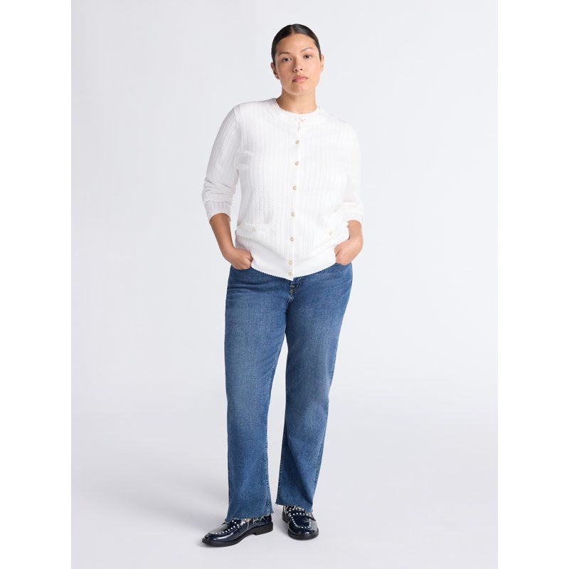 Free Assembly Women's And Women's Plus Cozy Yarn Welt Pocket Cable Cardigan Sweater Midweight Sizes XS-4X