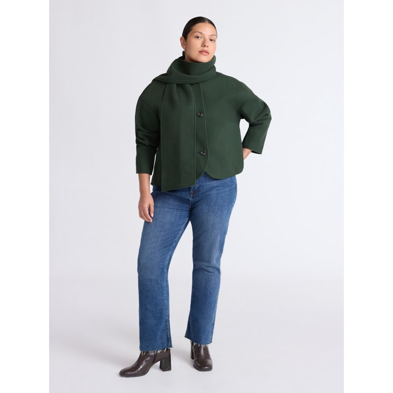 Free Assembly Women's Faux Wool Jacket With Scarf Sizes XS-XXL