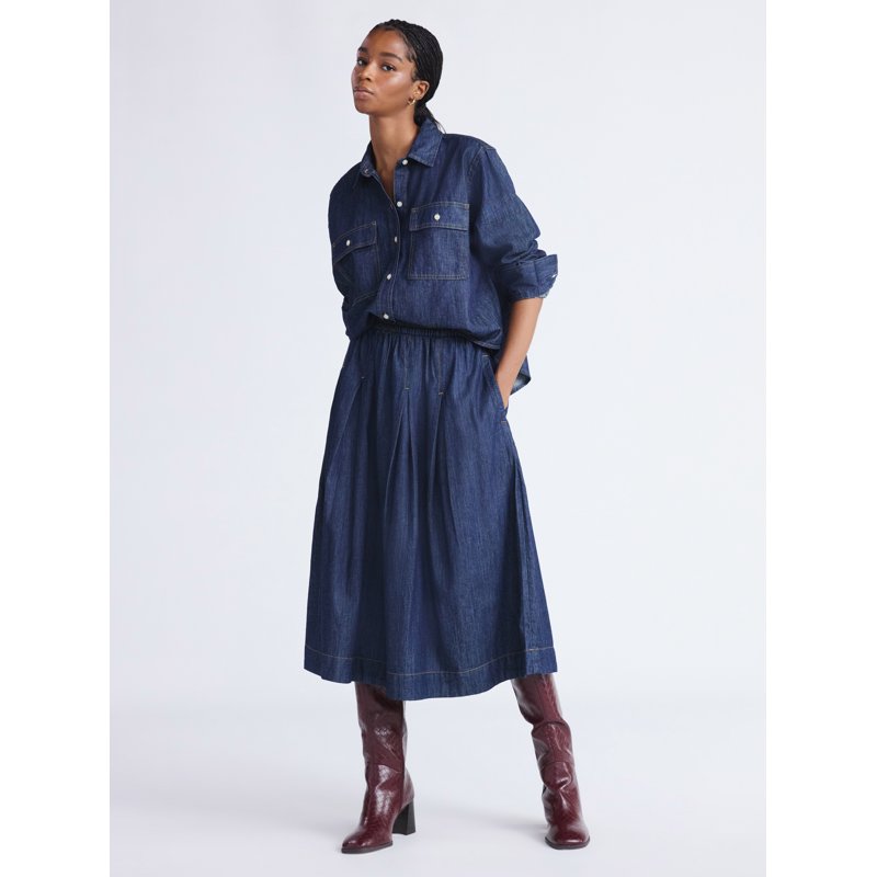 Free Assembly Women's Pull On Pleated Denim Maxi Skirt Sizes XS-XXL