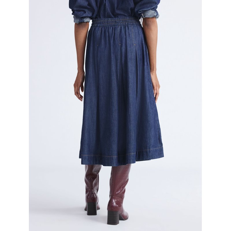 Free Assembly Women's Pull On Pleated Denim Maxi Skirt Sizes XS-XXL