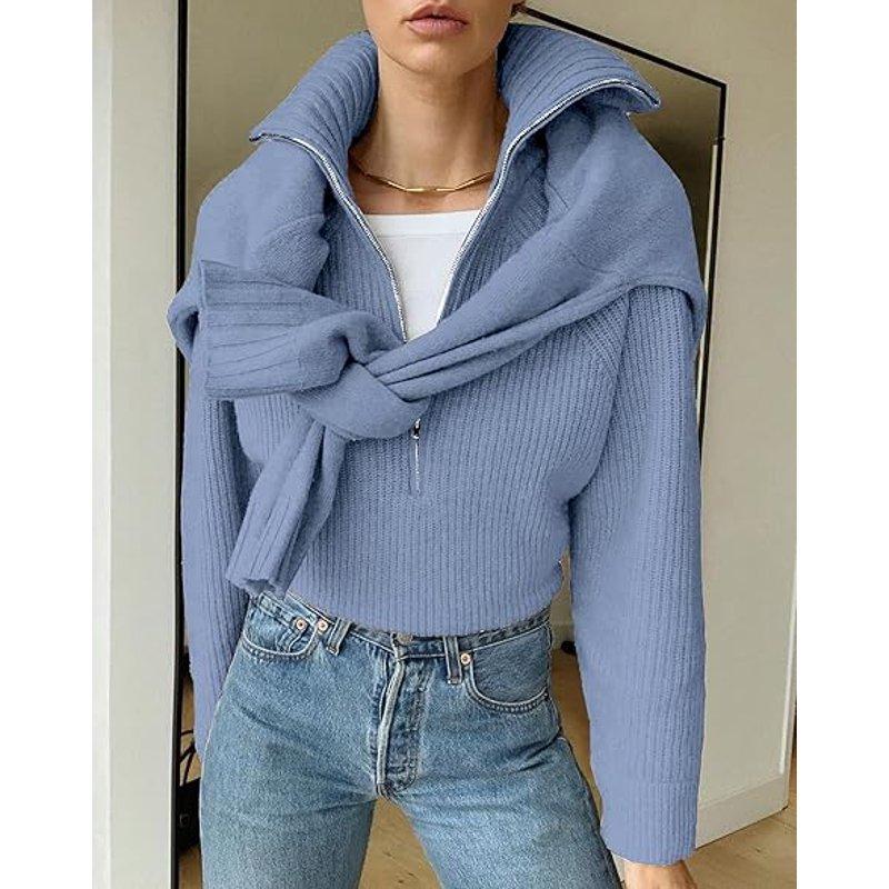 FreshPretty Women’s Casual Long Sleeve Half Zip Pullover Sweaters Solid V Neck Collar Ribbed Knitted Loose Slouchy Jumper Tops