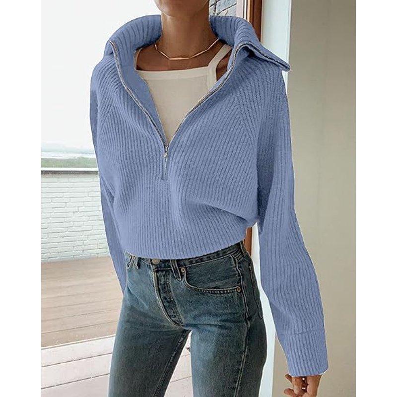 FreshPretty Women’s Casual Long Sleeve Half Zip Pullover Sweaters Solid V Neck Collar Ribbed Knitted Loose Slouchy Jumper Tops