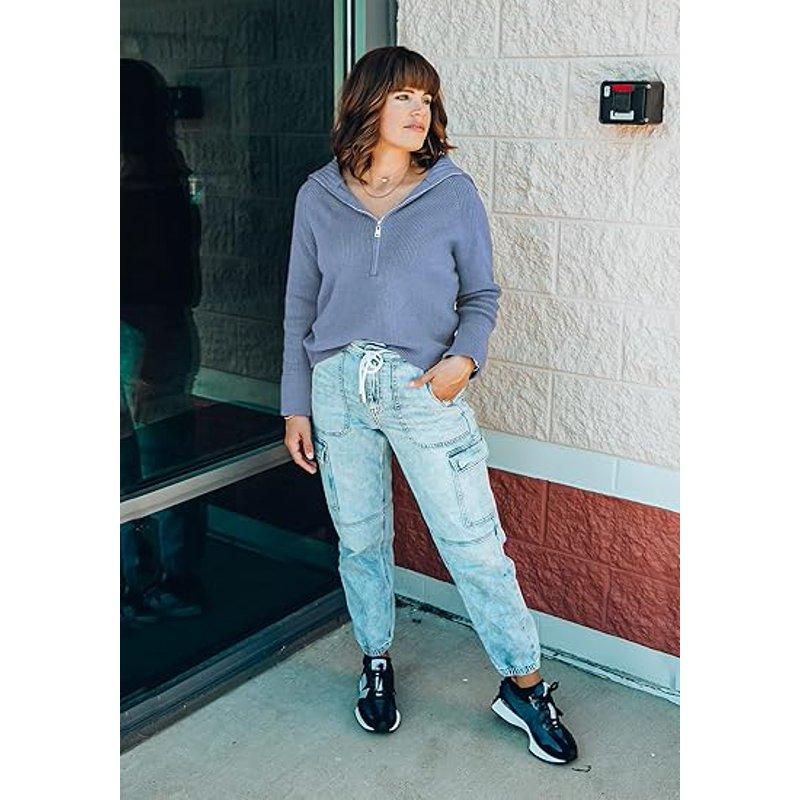 FreshPretty Women’s Casual Long Sleeve Half Zip Pullover Sweaters Solid V Neck Collar Ribbed Knitted Loose Slouchy Jumper Tops