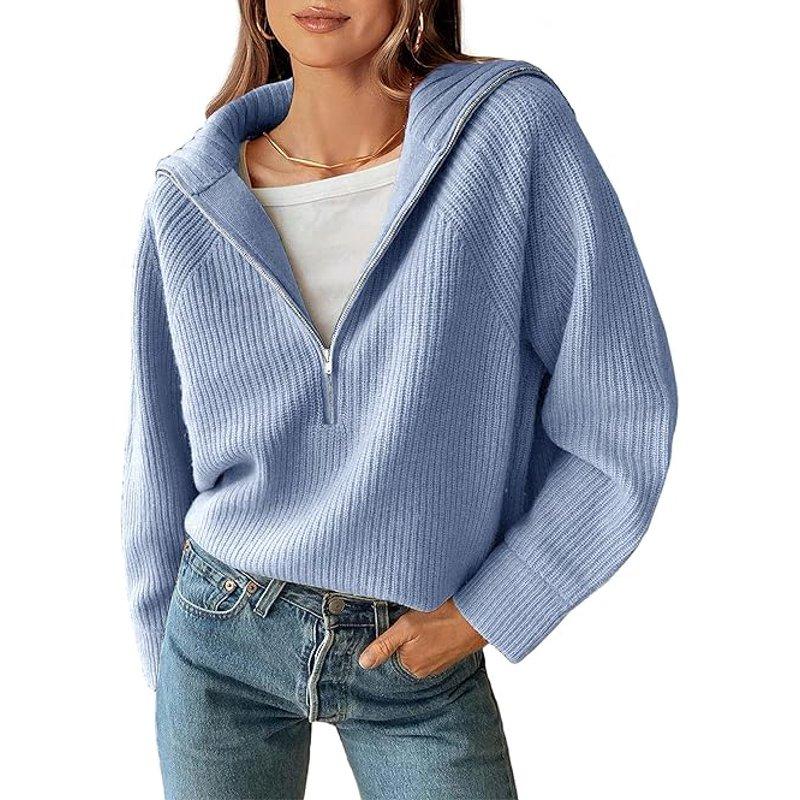 FreshPretty Women’s Casual Long Sleeve Half Zip Pullover Sweaters Solid V Neck Collar Ribbed Knitted Loose Slouchy Jumper Tops