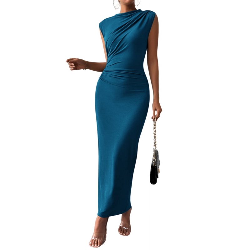 FreshPretty Women's Ruched Bodycon Dress Summer Casual Sleeveless Back Slit Elegant Club Evening Party Cocktail Maxi Dresses