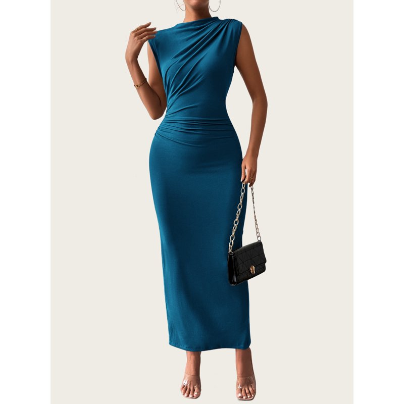 FreshPretty Women's Ruched Bodycon Dress Summer Casual Sleeveless Back Slit Elegant Club Evening Party Cocktail Maxi Dresses