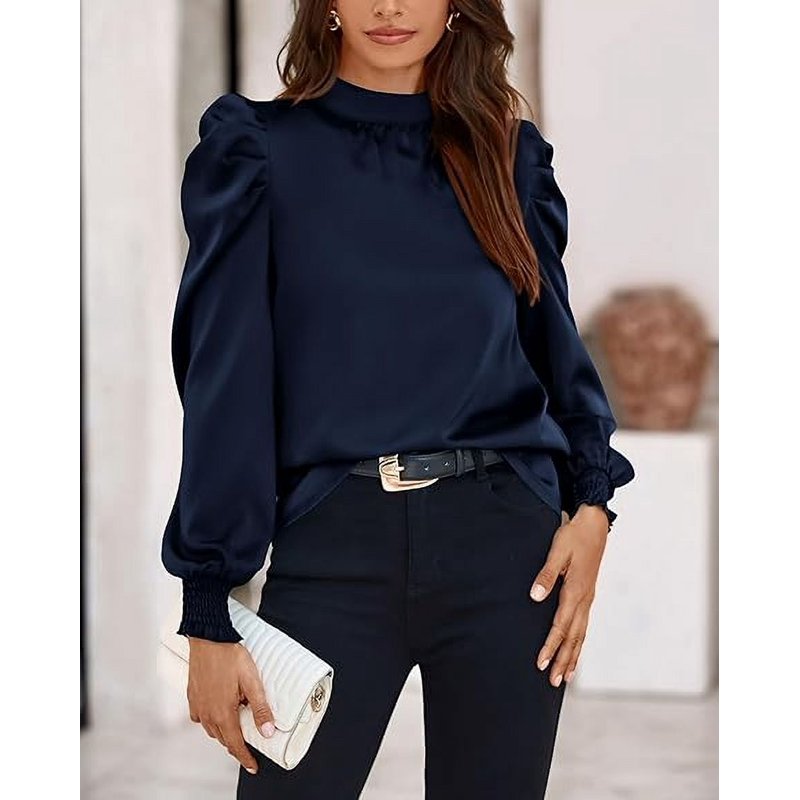 FreshPretty Women Satin Puff Long Sleeve Blouses Mock Neck Shirts Business Casual Tops Work Dressy Blouse Spring Fall Clothes