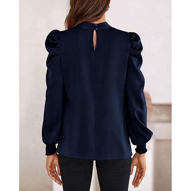 FreshPretty Women Satin Puff Long Sleeve Blouses Mock Neck Shirts Business Casual Tops Work Dressy Blouse Spring Fall Clothes
