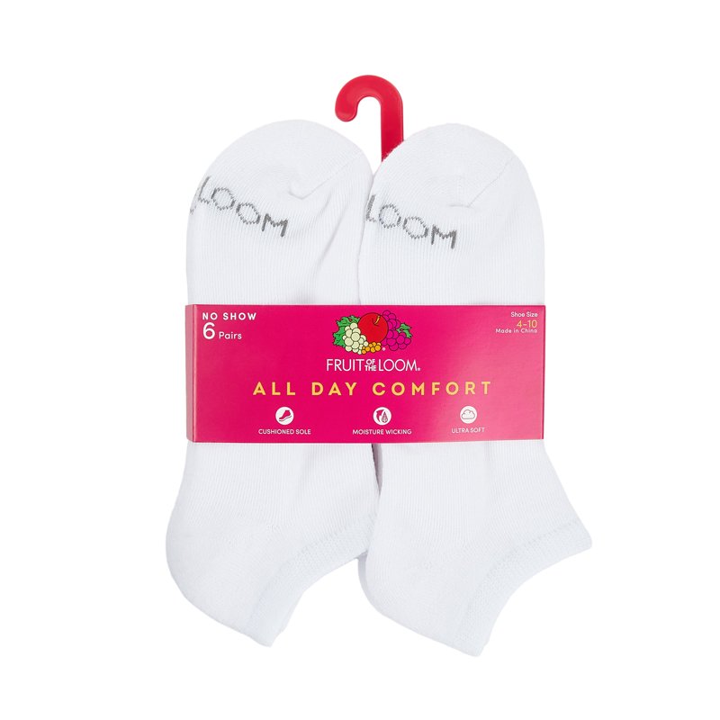 Fruit Of The Loom All Day Comfort No-Show Socks For Women White Sizes 4-10 (6-Pack)