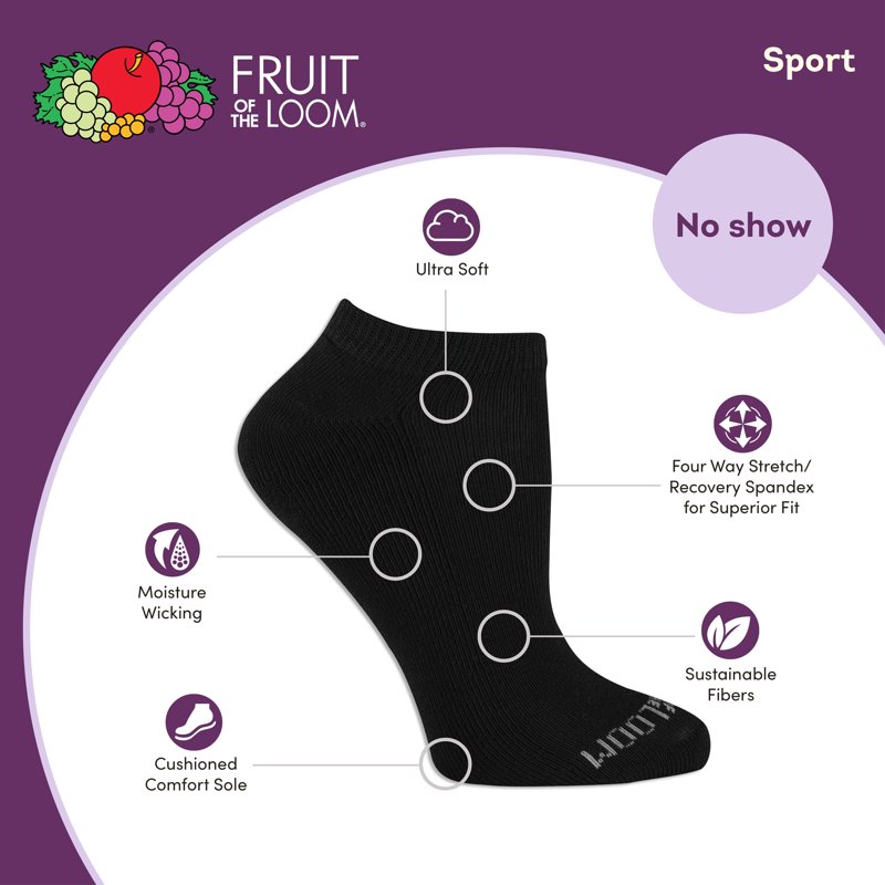 Fruit Of The Loom Cushion Everyday No-Show Socks For Women Sizes 8-12 (10-Pack)